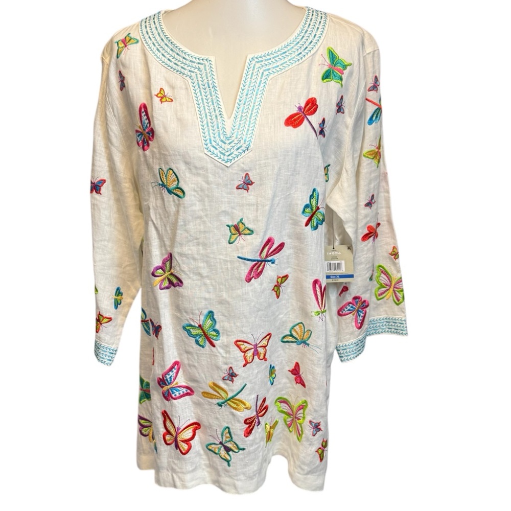 John Mark White Tunic with Multicolor Butterfly Embroidery and Aqua Trim - Picture 6 of 10